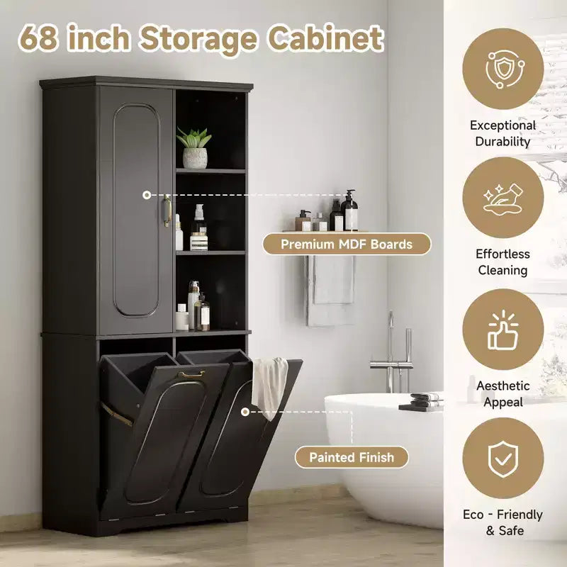 Mobile Contenitore da Bagno Alto 173 cm con 2 Cesti Portabiancheria Inclinabili e Ripiani Regolabili