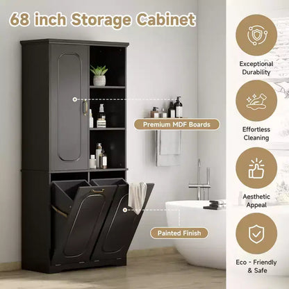 Mobile Contenitore da Bagno Alto 173 cm con 2 Cesti Portabiancheria Inclinabili e Ripiani Regolabili