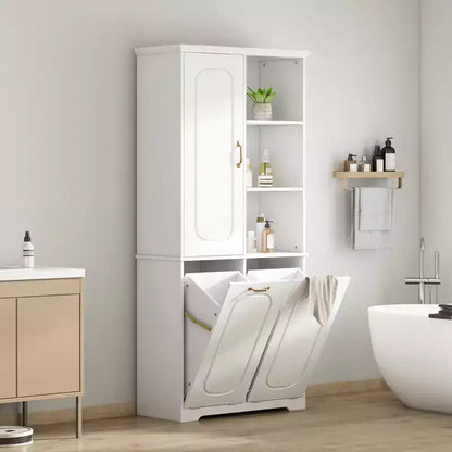 Mobile Contenitore da Bagno Alto 173 cm con 2 Cesti Portabiancheria Inclinabili e Ripiani Regolabili