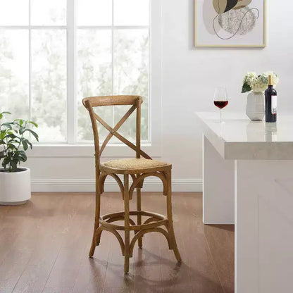 Sgabello da bar altezza bancone 24.5", Olmo lavato grigio, Design francese X-back, 250 libbre