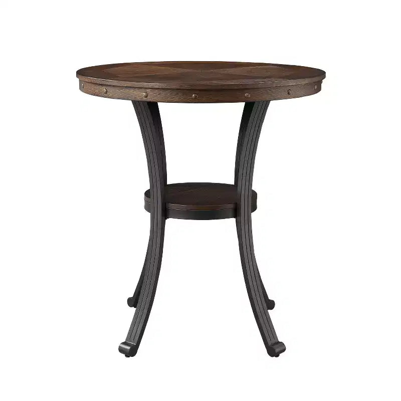 Tavolo da pub altezza bar 40", piano in legno di rovere intarsiato, gambe in metallo color bronzo e ripiano circolare, 136 kg
