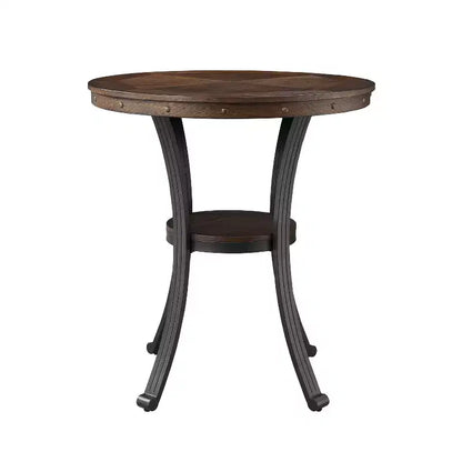 Tavolo da pub altezza bar 40", piano in legno di rovere intarsiato, gambe in metallo color bronzo e ripiano circolare, 136 kg