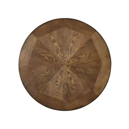 Tavolo da pub altezza bar 40", piano in legno di rovere intarsiato, gambe in metallo color bronzo e ripiano circolare, 136 kg