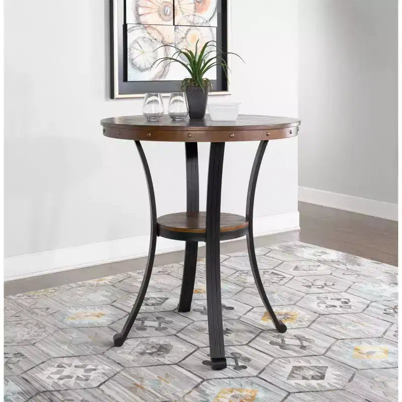 Tavolo da pub altezza bar 40", piano in legno di rovere intarsiato, gambe in metallo color bronzo e ripiano circolare, 136 kg
