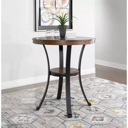 Tavolo da pub altezza bar 40", piano in legno di rovere intarsiato, gambe in metallo color bronzo e ripiano circolare, 136 kg