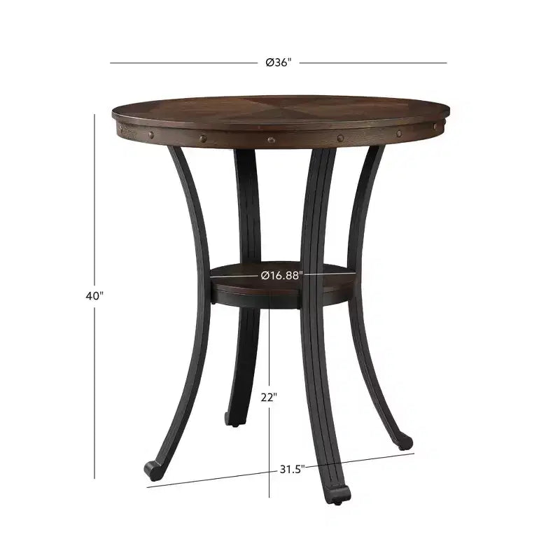 Tavolo da pub altezza bar 40", piano in legno di rovere intarsiato, gambe in metallo color bronzo e ripiano circolare, 136 kg
