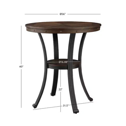 Tavolo da pub altezza bar 40", piano in legno di rovere intarsiato, gambe in metallo color bronzo e ripiano circolare, 136 kg
