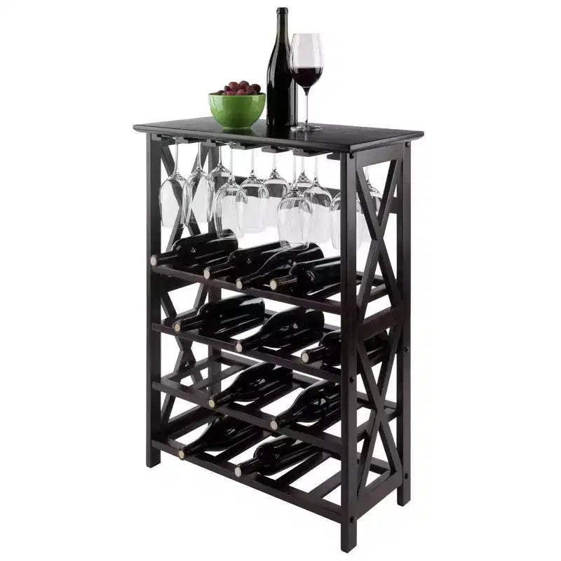 Cantinetta portabottiglie da 24 bottiglie e bar con portabicchiere, legno massello espresso, piano d'appoggio per il servizio