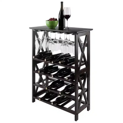 Cantinetta portabottiglie da 24 bottiglie e bar con portabicchiere, legno massello espresso, piano d'appoggio per il servizio