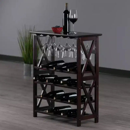 Cantinetta portabottiglie da 24 bottiglie e bar con portabicchiere, legno massello espresso, piano d'appoggio per il servizio