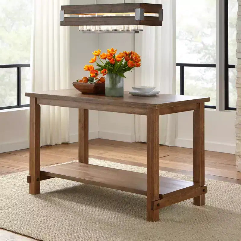 Tavolo da pranzo stile fattoria moderno altezza bancone, finitura Driftwood, 6 posti, ripiano inferiore