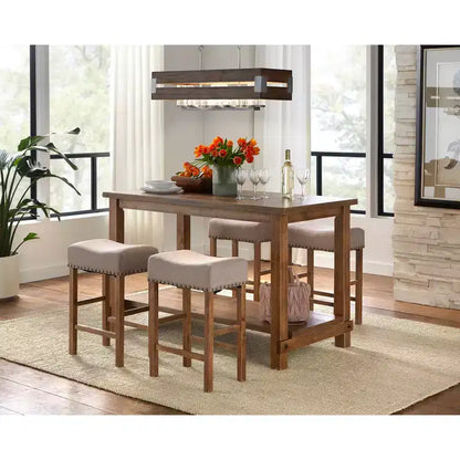 Tavolo da pranzo stile fattoria moderno altezza bancone, finitura Driftwood, 6 posti, ripiano inferiore