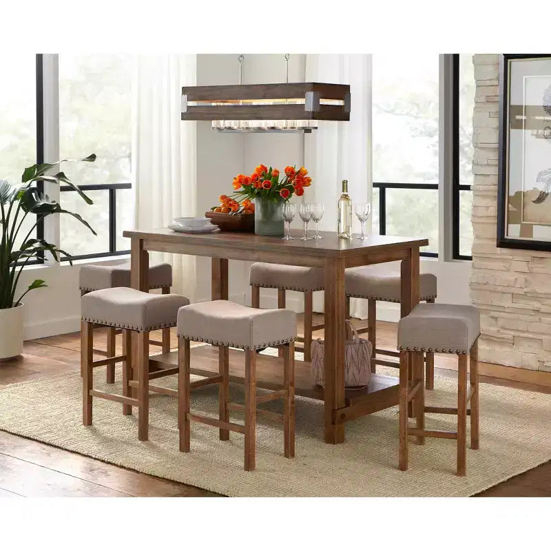 Tavolo da pranzo stile fattoria moderno altezza bancone, finitura Driftwood, 6 posti, ripiano inferiore