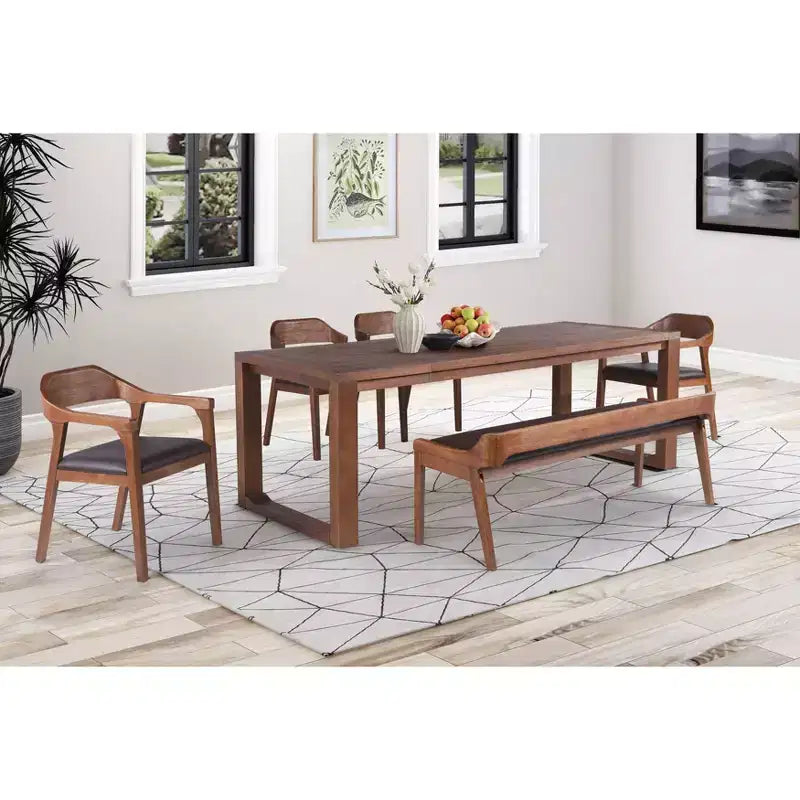 Tavolo da Pranzo Allungabile 89", Legno Massello di Acacia, Finitura Castagno, 8 Posti, Stile Rustico