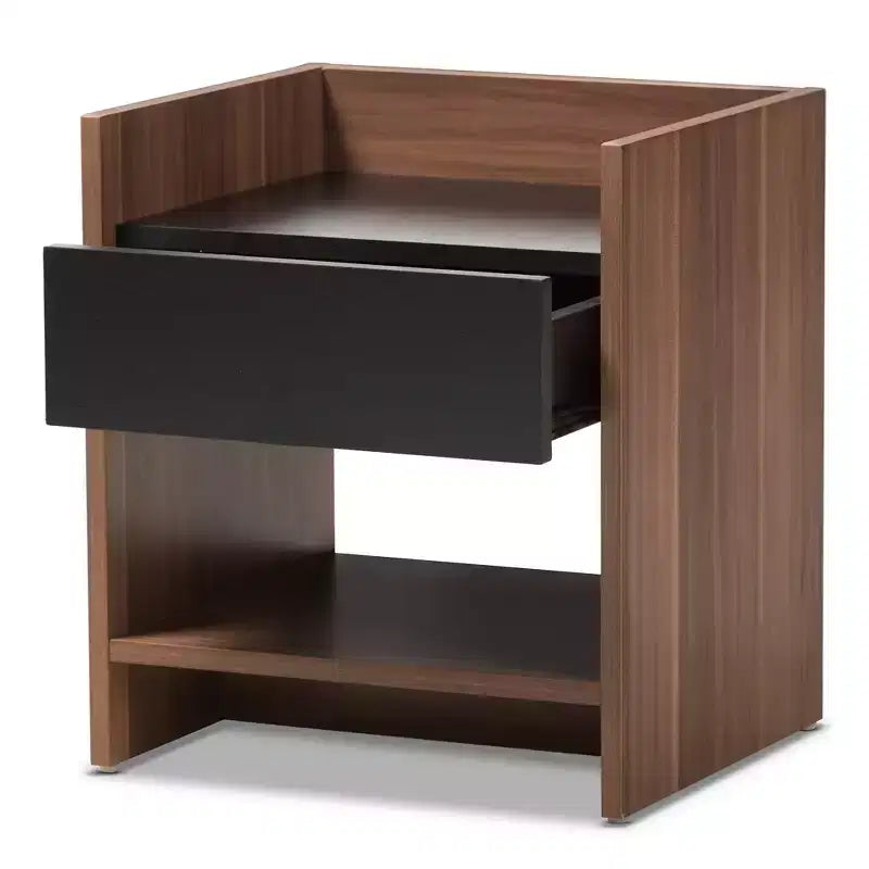 Comodino Moderno Bicolore con 1 Cassetto e Ripiano Aperto, MDF Noce e Nero, H45 cm