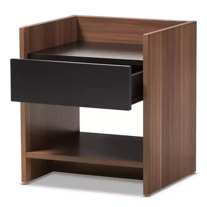 Comodino Moderno Bicolore con 1 Cassetto e Ripiano Aperto, MDF Noce e Nero, H45 cm