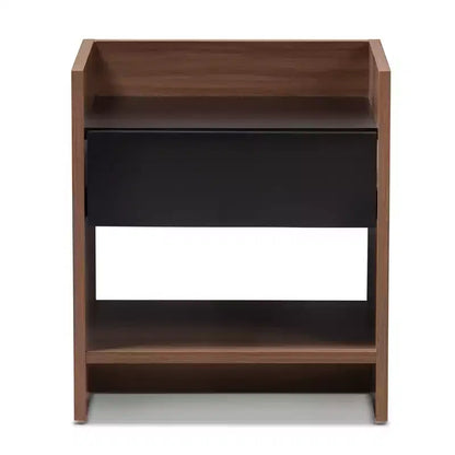 Comodino Moderno Bicolore con 1 Cassetto e Ripiano Aperto, MDF Noce e Nero, H45 cm