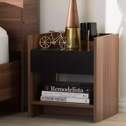 Comodino Moderno Bicolore con 1 Cassetto e Ripiano Aperto, MDF Noce e Nero, H45 cm