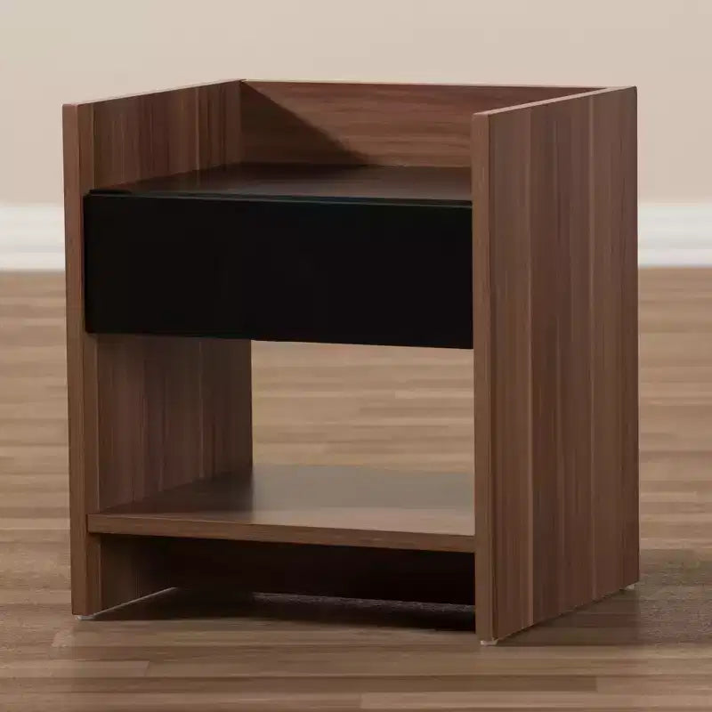 Comodino Moderno Bicolore con 1 Cassetto e Ripiano Aperto, MDF Noce e Nero, H45 cm
