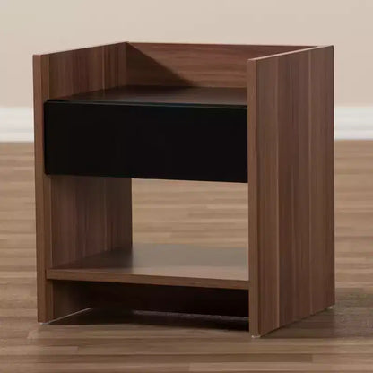 Comodino Moderno Bicolore con 1 Cassetto e Ripiano Aperto, MDF Noce e Nero, H45 cm