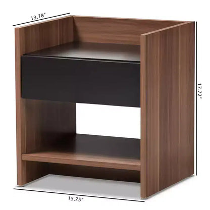 Comodino Moderno Bicolore con 1 Cassetto e Ripiano Aperto, MDF Noce e Nero, H45 cm