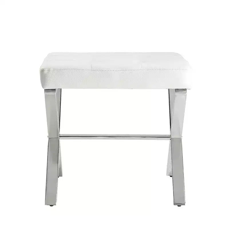 Panca da Vanity Trapuntata, Seduta in Similpelle Bianca con Base a X Cromata, 113 kg