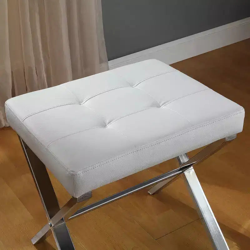 Panca da Vanity Trapuntata, Seduta in Similpelle Bianca con Base a X Cromata, 113 kg