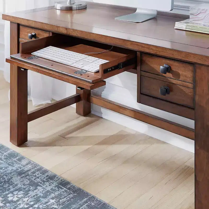 Scrivania direzionale da 54", in legno d'acero invecchiato, stile moderno di metà secolo con cassetti