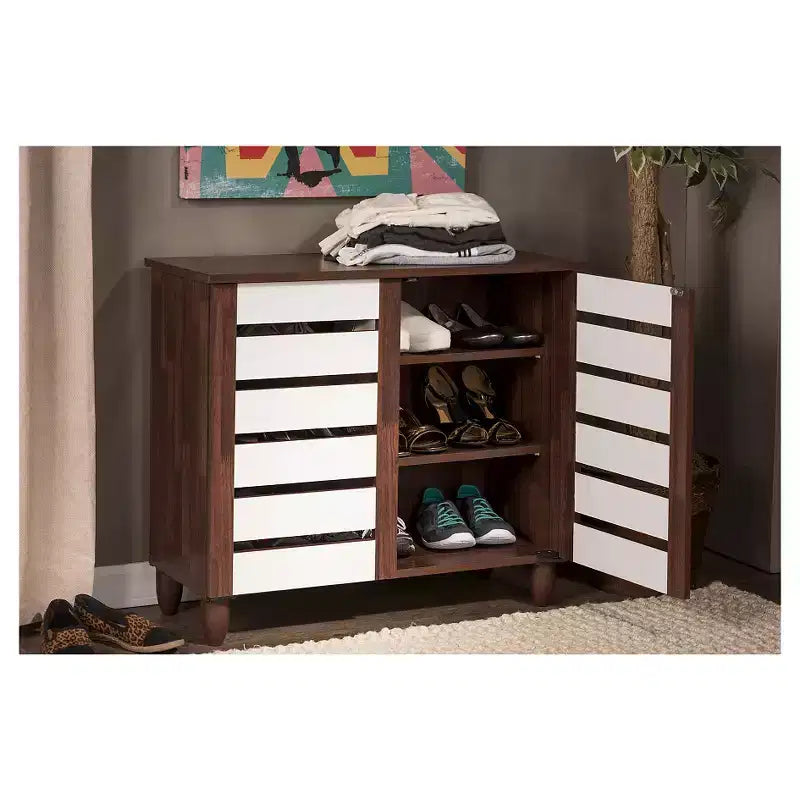 Scarpiera Bicolore a 2 Ante, 3 Ripiani, Rovere e Bianco, Contiene 9 Paia, Gambe in Vinile