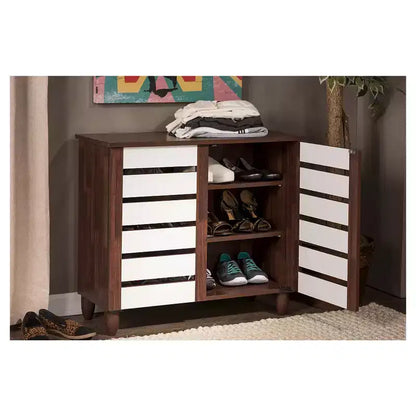 Scarpiera Bicolore a 2 Ante, 3 Ripiani, Rovere e Bianco, Contiene 9 Paia, Gambe in Vinile