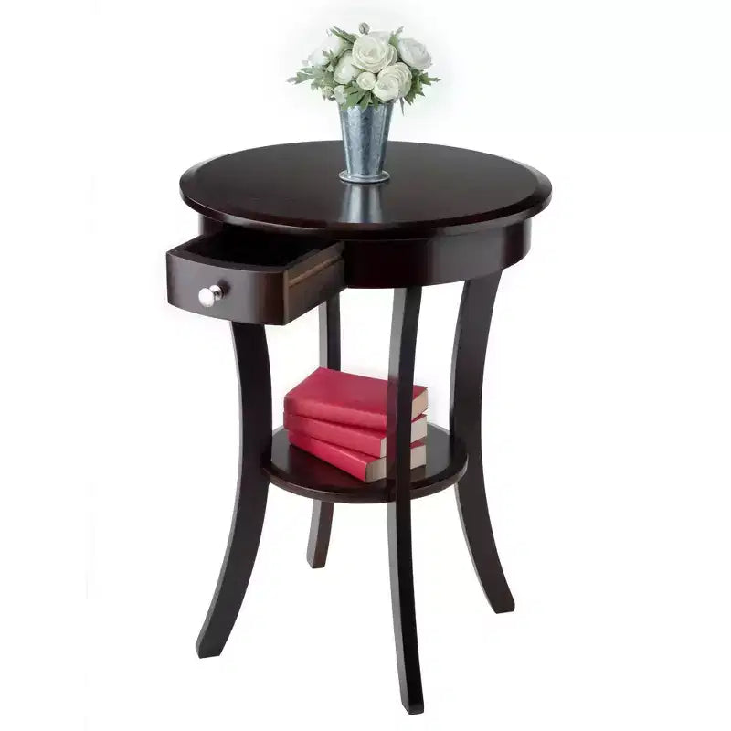 Tavolino d'appoggio rotondo da 50 cm con cassetto e ripiano, gambe svasate, legno color cappuccino