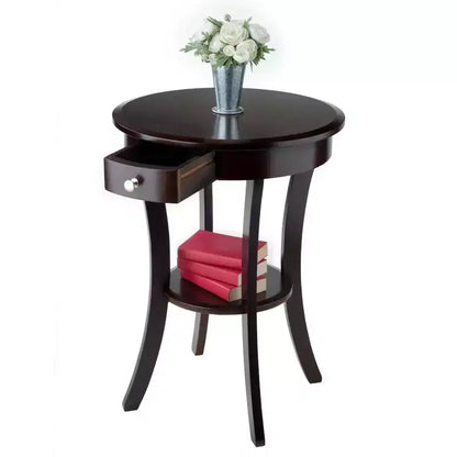 Tavolino d'appoggio rotondo da 50 cm con cassetto e ripiano, gambe svasate, legno color cappuccino