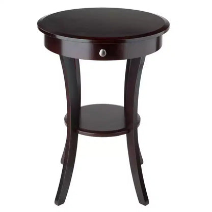Tavolino d'appoggio rotondo da 50 cm con cassetto e ripiano, gambe svasate, legno color cappuccino
