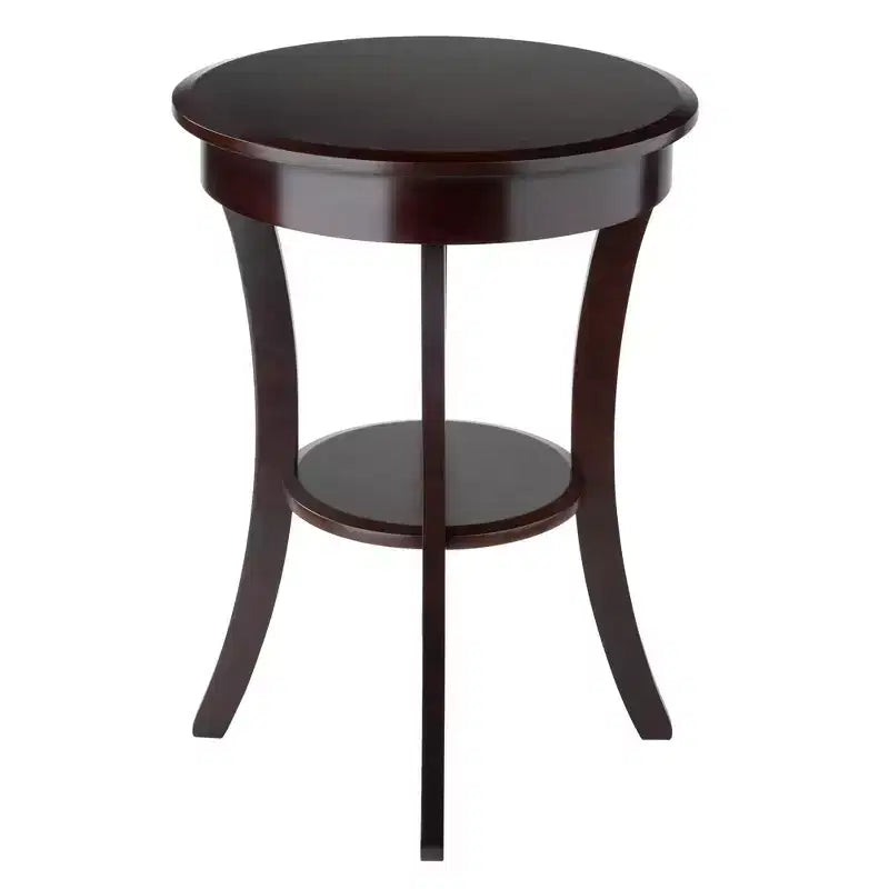 Tavolino d'appoggio rotondo da 50 cm con cassetto e ripiano, gambe svasate, legno color cappuccino