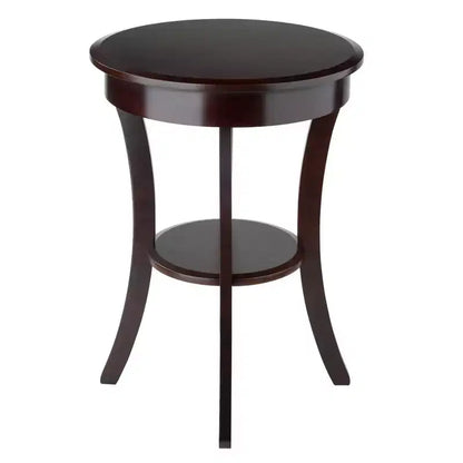 Tavolino d'appoggio rotondo da 50 cm con cassetto e ripiano, gambe svasate, legno color cappuccino