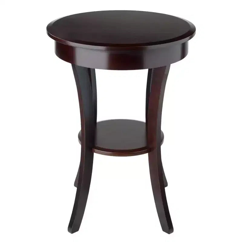 Tavolino d'appoggio rotondo da 50 cm con cassetto e ripiano, gambe svasate, legno color cappuccino