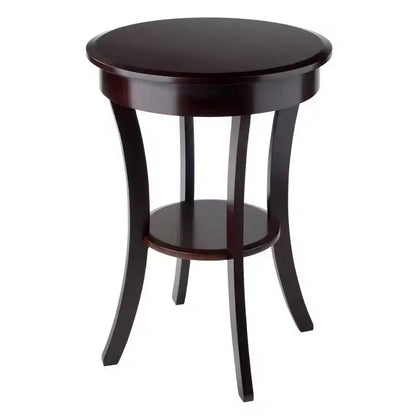 Tavolino d'appoggio rotondo da 50 cm con cassetto e ripiano, gambe svasate, legno color cappuccino
