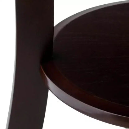 Tavolino d'appoggio rotondo da 50 cm con cassetto e ripiano, gambe svasate, legno color cappuccino