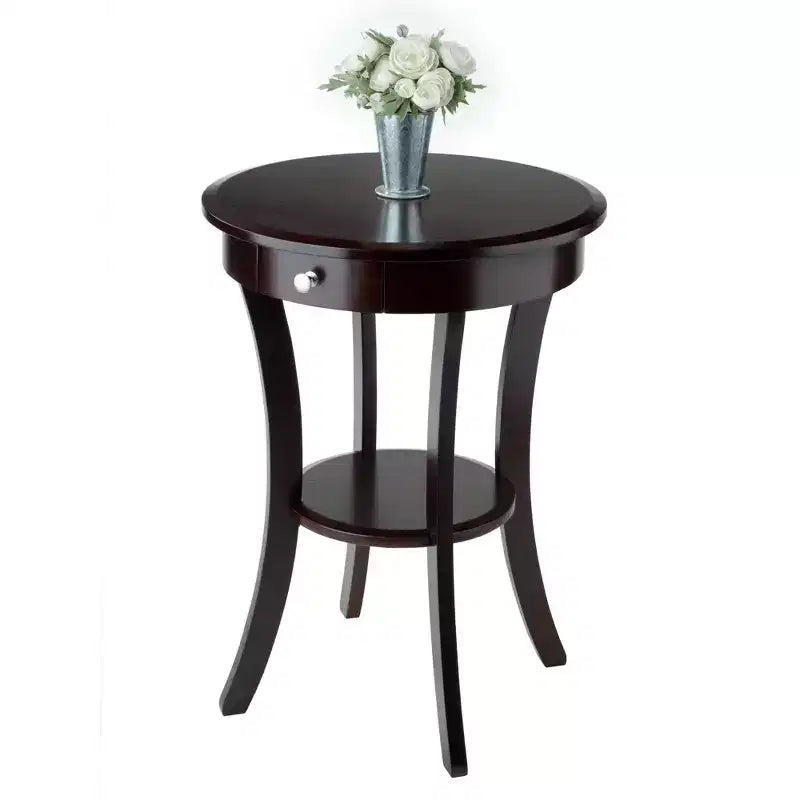 Tavolino d'appoggio rotondo da 50 cm con cassetto e ripiano, gambe svasate, legno color cappuccino