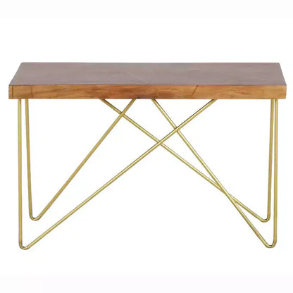 Steve Silver Walter Sofa Table Mango Wood Top with Brass Inlay and Base: Crisscross Metal Legs, Wood Veneer, Modern Glam Design