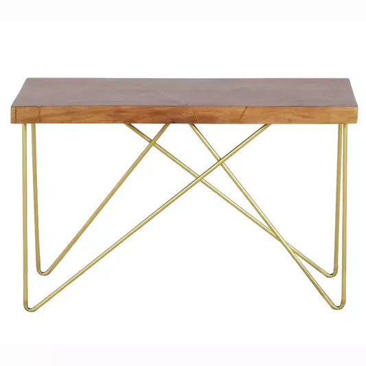 Steve Silver Walter Sofa Table Mango Wood Top with Brass Inlay and Base: Crisscross Metal Legs, Wood Veneer, Modern Glam Design
