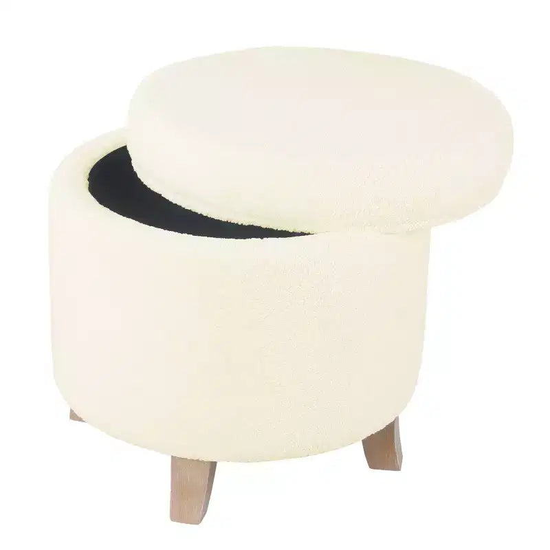 Pouf rotondo contenitore da 48 cm con coperchio rimovibile, gambe svasate in legno sbiancato, capacità 113 kg