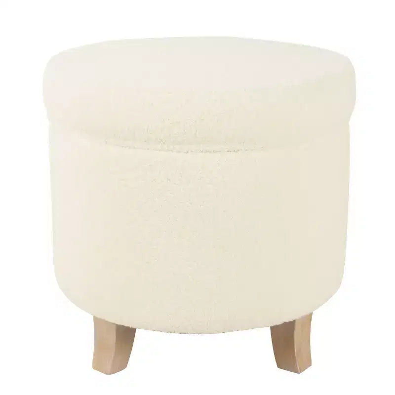 Pouf rotondo contenitore da 48 cm con coperchio rimovibile, gambe svasate in legno sbiancato, capacità 113 kg