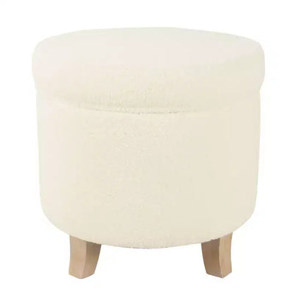 Pouf rotondo contenitore da 48 cm con coperchio rimovibile, gambe svasate in legno sbiancato, capacità 113 kg