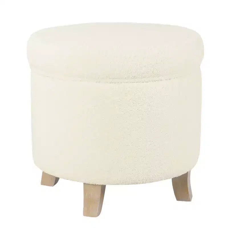 Pouf rotondo contenitore da 48 cm con coperchio rimovibile, gambe svasate in legno sbiancato, capacità 113 kg
