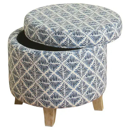 Pouf rotondo contenitore da 48 cm con coperchio rimovibile, gambe svasate in legno sbiancato, capacità 113 kg