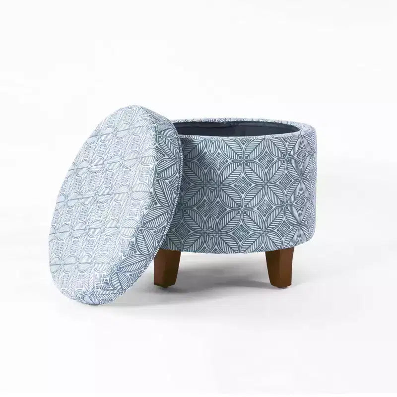 Pouf rotondo contenitore da 48 cm con coperchio rimovibile, gambe svasate in legno sbiancato, capacità 113 kg