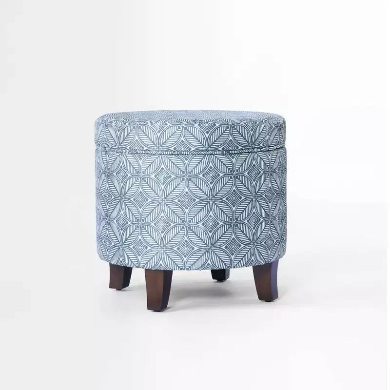 Pouf rotondo contenitore da 48 cm con coperchio rimovibile, gambe svasate in legno sbiancato, capacità 113 kg