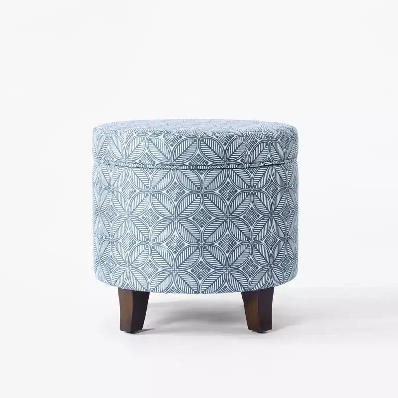 Pouf rotondo contenitore da 48 cm con coperchio rimovibile, gambe svasate in legno sbiancato, capacità 113 kg