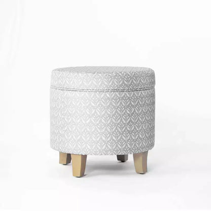 Pouf rotondo contenitore da 48 cm con coperchio rimovibile, gambe svasate in legno sbiancato, capacità 113 kg